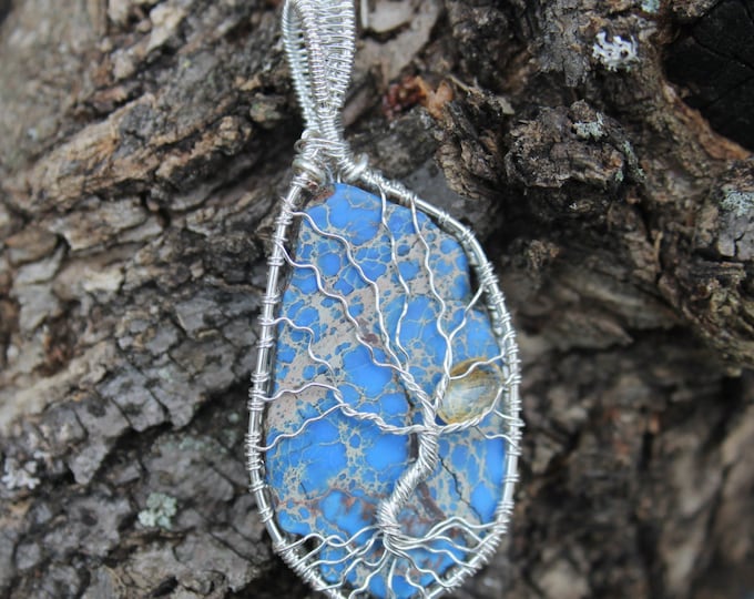 Blue Aqua Terra Sea Jasper Tree of Life Wire Wrap w/ Citrine Gemstone Sun; Boho Fashion Earthy Hippie Nature Jewelry for Men or Ladies