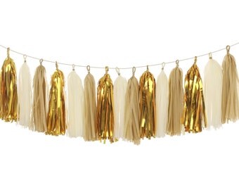 Ivory Metallic Gold Tissue Paper Tassels,Tassel Garland Banner for Wedding,Baby Shower,Event & Party Supplied,18 pcs DIY Kits,Ship From USA