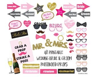 Wedding Photo Booth Props Bridal Shower Bachelorette Hen Engagement Party Digital Printable Photobooth Sign Bride Groom Mr Mrs Bride Groom