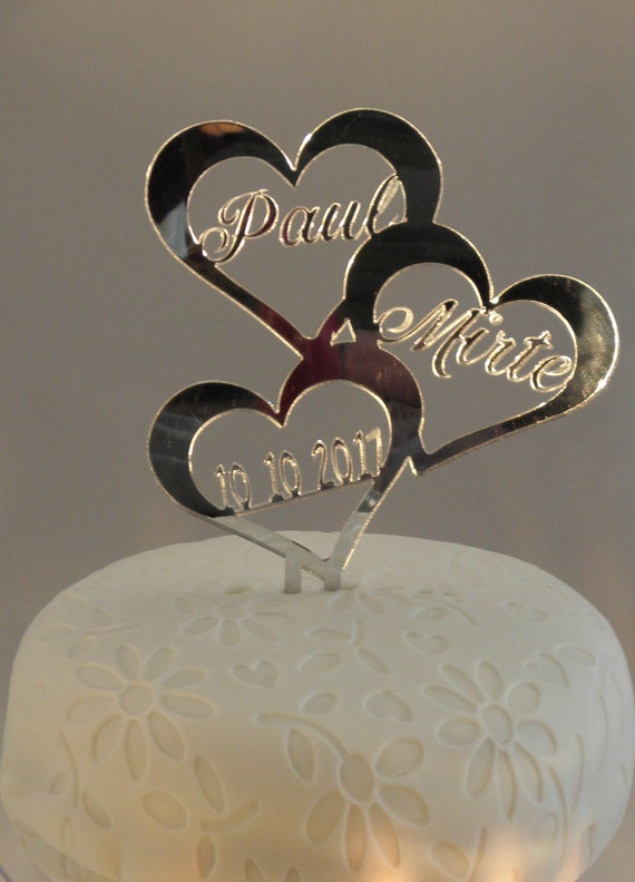 Personalized Laser Cut Acrylic Wedding Cake Topper 3 Hearts 0947