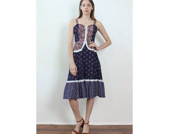Vintage Boho Dress // 60s Prairie Hippie Knee Length Floral Corset Womens - Small