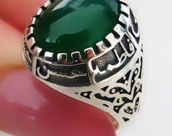 Handmade Shia Allah Ring Men's Woman's Yemeni Aqeeq Ahlulbayt Ahl-ul-Bait solid 925 Sterling Silver Panjtan Islam Green Agate