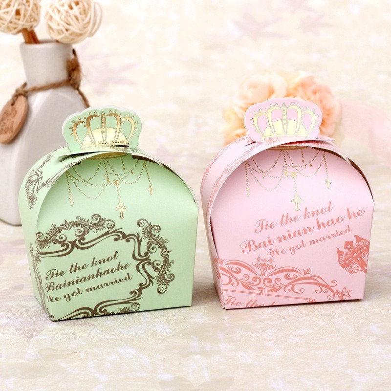 100 Royalty Crown Wedding Favors/DIY Green Gold Princess Wedding Gift Boxes/Victorian Gift Box