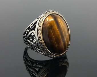Handmade .925 Sterling Silver Tiger's Eye Filigree Men's Ring -US Seller - I1H
