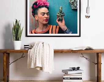 Frida Kahlo Portrait Art Print - Frida Kahlo and Aqua Blue Wall - Frida Kahlo Flowers in Hair