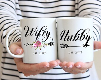 Hubby and Wifey Mug, Wife Gift, Wifey Gift, Wedding Gift, Mr and Mrs, Wedding Mugs, Custom Mugs, Bridal Shower Gift, Anniversary Gift