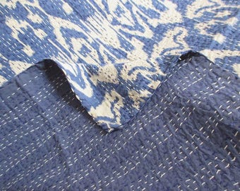Blue Handmade Kantha Quilt Kantha Stitch Blanket Queen Size Kantha Bedspread Cotton Sari Kantha Bed Cover Ikat Design Kantha Picnic Throw