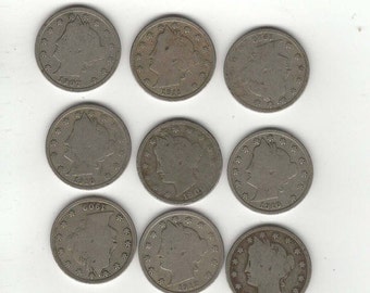 lot of 9 Liberty Nickels full dates All different dates Great mixture jewerly supply, craft, scrapbook, old coins, US money C5