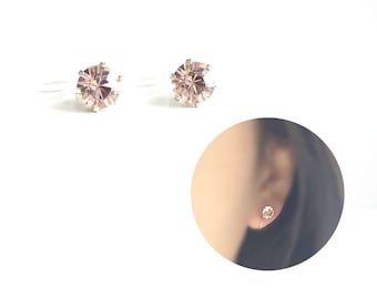 Invisible Clip On Earrings. Timeless Vintage Rose Pink Swarovski Crystal Diamond Cut Stud Earrings 6mm. Simple Non Pierced Earrings