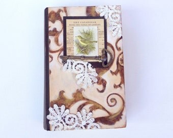 Altered book original mixed media art collage vintage bird key lace book lover gift