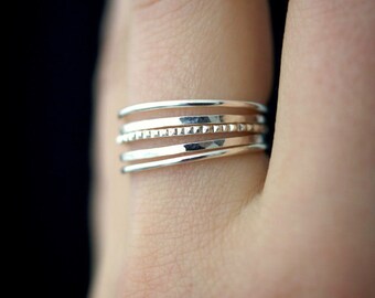 NEW Medium Thickness Sterling Silver Lined stacking ring set, silver stack ring, silver ring set, delicate silver ring, bark ring, set of 5