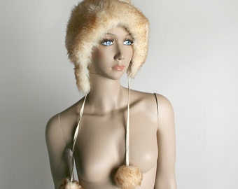 Vintage 1960s Fur Hat - Ski Bunny Snow Winter Fur Bonnet with Pom Poms - Made in Italy - Cream Ombre
