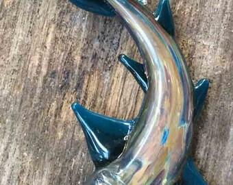 Teal Blue Borosilicate Hand Blown Glass Shark Pendant, Focal Bead, Lampwork