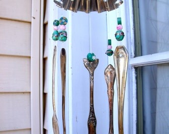 SILVERWARE WIND CHIMES WindChimes from REcYcLed /REpurposed Silverware w/ vintage jello mold and pink and green glass beads-an aWeSoMe Gift