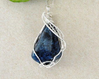 Dumortierite Necklace- Wire Wrapped Pendant- Mens Gemstone Necklace- Healing Crystal - 0925 Sterling Silver- Blue Crystal- MADE TO ORDER