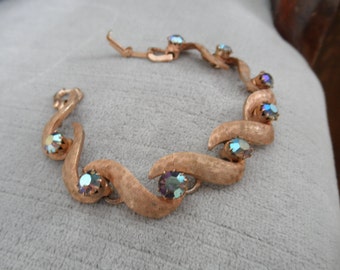Vintage Costume Bracelet with Blue Green Aurora Borealis AB Rhinestones