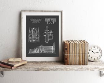 Westminster Abbey cathedral blueprint art, architectural drawing, london art print, architectural wall decor, london gifts for her