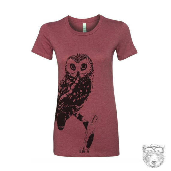 Womens OWL T Shirt hand screen printed s m l xl xxl