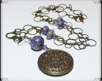 Handmade Necklace, Beaded, Lampwork, Crystal, Antique Brass, Lavender, Blue, Green, Artisan, Lampwork Necklace, Flower, Leaf, Leaves, Locket