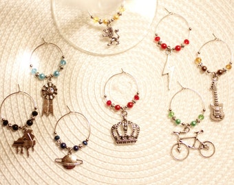 Queen inspired wine glass charms, music, band, champions, Freddie Mercury, Brian May, guitar, piano, David Bowie, Highlander, concert