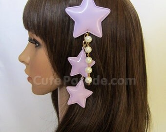 Lavender Fairy Kei Star Hair Clip/Brooch with White Pearls- Lolita Fairy Kei Decora Shooting Star Hair Accessory
