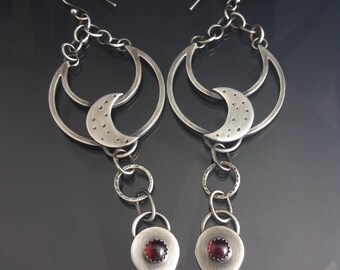 sterling silver crescent moon earrings - long silver earrings - garnet earrings - gemstone moon earrings - long moon earrings
