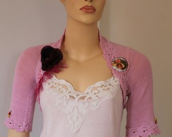 Ready to ship Boho Chic Dusty Pink Cashmere Hand Knit Crochet Shrug Bolero, Cover up - Summer Fashion- Fall Wedding - Luxury - Size S-M