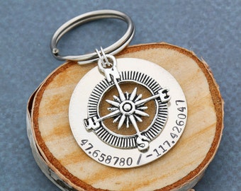 FREE SHIP • Personalized Coordinates Keychain • Compass Keychain • Gift For Him • Anniversary Gift • Location • Secret Message