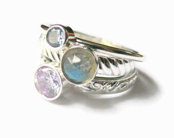 Mothers ring / Faceted rings / Sterling silver stacking ring set/ Grandmother ring / Sterling silver ring / Family ring / 3 birthstone rings