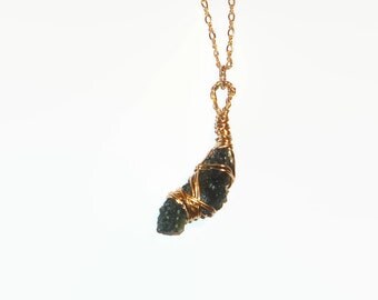 Large Double Sided Besednice Moldavite Necklace 14K Rolled Yellow Gold Wire Wrapped