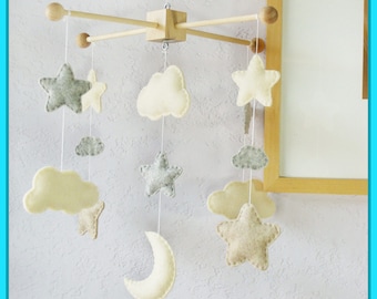 Moon and Stars Mobile, Baby Mobile, Nursery Decor, Clouds Mobile, Neutral Nursery, Ivory Granite Sandstone, Match Neutral Baby Bedding