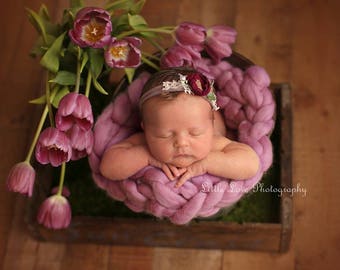 Newborn Headband, Tieback Beige Tan Berry Flower, Newborn Tieback, Newborn Photo Prop, Tie Back Headband, Flower Tieback, Halo, Fuchsia