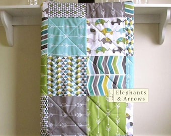Elephant Baby Quilt, Green Blue Baby Quilt, Minky Baby Quilt, Modern Baby Quilt, Baby, Aqua, Green, Olive, White, Grey Baby Bedding