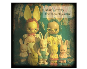 Vintage Plastic Bunny Rabbit Doll Collection 5x5 Inch Photography Print, Weird Easter Decor