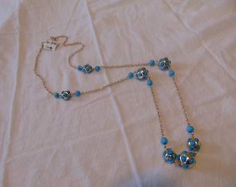 vintage FRAGMENTS mfg. turquoise blue studded station beads necklace unused mint gold