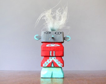 Vintage Route 66 Style Hopi Kachina Doll - Gray / Red / Turquoise Guard