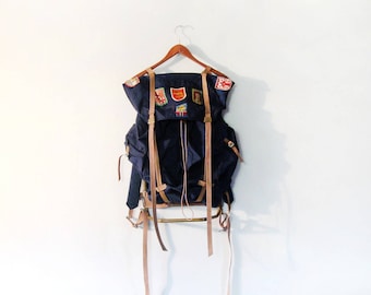 Vintage Mid Century Frame Pack Backpack European Travel Patches Blue