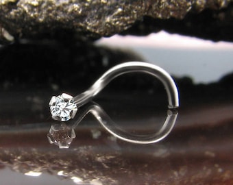 14K, 18K, 24K, Solid White Gold Nose Ring Screw Left Nostril 1.5mm, 2mm, 2.5mm, 3mm Genuine Diamond. Choose Your Gauge. 22G, 20G, 18G