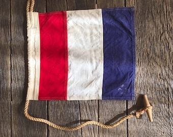 ON SALE - Vintage Nautical Flag - Red White And Blue Canvas Flag - Vintage Canvas Nautical Flag With Rope - Canvas Flag - Nautical Ship Flag