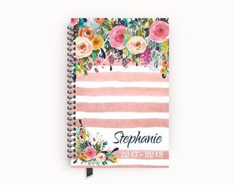 Personalized 2017 Planner Gift for Her with Watercolor Floral on Blush Pink Stripes