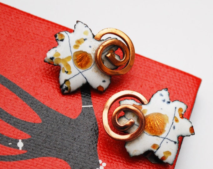 Copper Leaf Earrings - White Gold Black Enamel - Signed Renoir Matisse - Mid Century - Swirl