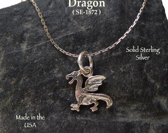 Sterling Silver Dragon Charm, Welsh Dragon Necklace, .925 Silver Dragon Jewelry, Classic Winged Dragon, Fantasy Gift - SE-1872