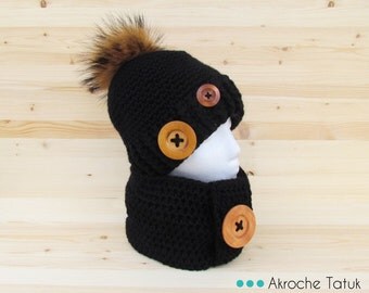 Rustik kit. Hat cowl snood crochet black (made to order)