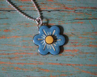 Blue and Yellow Flower Enameled pendant with Sterlling Silver bead/ball chain