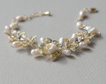 Gold Wedding Bracelet, Freshwater Pearl Bracelet, Gold Floral Bracelet, Floral Rhinestone Bracelet, Gold Wedding Jewelry, Bride ~JB-4826-G