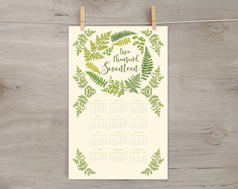 2017 Wall Calendar, Year-at-a-Glance, Fern Wreath, 11x17 botanical illustration, floral garland and laurels