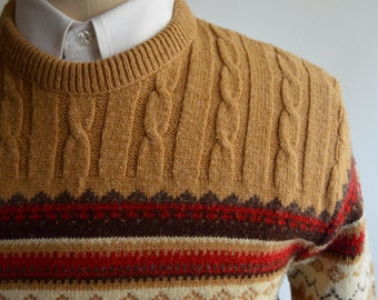 Vintage 70s/80s Tan Fair Isle/Ski Sweater by JC Penney Size Small