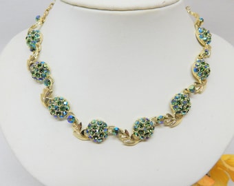 Vintage Gold Tone Blue Green Aurora Borealis Rhinestone Link Necklace