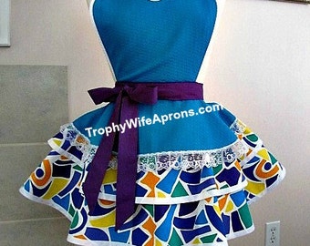 Apron number 4054 - Turquoise blue over abstract design ruffled retro apron