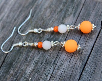 Orange Earrings, Neon Earrings, Bright Neon Orange Earrings, Orange Long Dangles, Dangle Earrings White and Orange, Gift for her, Earrings